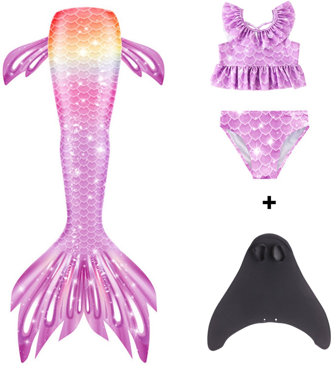 Joya Kids® Zeemeerminstaart met bikini met MONOVIN verkleed set Lila en Oranje | Staart met bijpassende bikini | Mermaid Staart | Prinsessen jurk | Zeemeermin Verkleedkleding meisje | Maat 130 | Incl MONOVIN